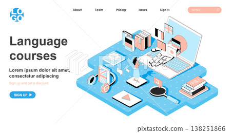 Language course isometric concept. Student learns foreign language, learns from video and webinars, online education, line flat isometry web banner. Vector illustration in 3d design for landing page Language course isometric concept. Student learns foreign language, learns from video and webinars, online education, line flat isometry web banner. Vector illustration in 3d design for landing page 138251866