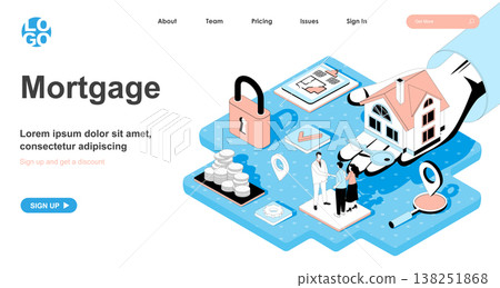 Mortgage isometric concept. Couple buys new house using bank loan, realtor hands over keys and concludes agreement, line flat isometry web banner. Vector illustration in 3d design for landing page 138251868