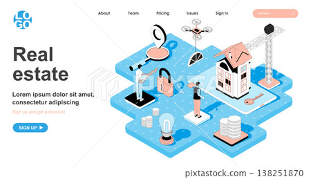 Real estate isometric concept. Investment in construction of new houses, sale of apartments, purchase of housing, line flat isometry web banner. Vector illustration in 3d design for landing page Real estate isometric concept. Investment in construction of new houses, sale of apartments, purchase of housing, line flat isometry web banner. Vector illustration in 3d design for landing page 138251870