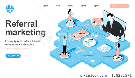 Referral marketing isometric concept. Business promotion through client recommendations, sharing at social media, line flat isometry web banner. Vector illustration in 3d design for landing page 138251871