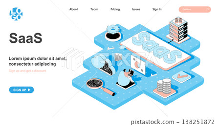 SaaS isometric concept. Distribution of software by subscription, service for purchasing licenses and subscription, line flat isometry web banner. Vector illustration in 3d design for landing page SaaS isometric concept. Distribution of software by subscription, service for purchasing licenses and subscription, line flat isometry web banner. Vector illustration in 3d design for landing page 138251872