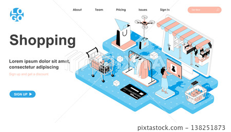 Shopping isometric concept. Woman buys clothes in store sale. Customer makes purchases in online application of shop, line flat isometry web banner. Vector illustration in 3d design for landing page Shopping isometric concept. Woman buys clothes in store sale. Customer makes purchases in online application of shop, line flat isometry web banner. Vector illustration in 3d design for landing page 138251873