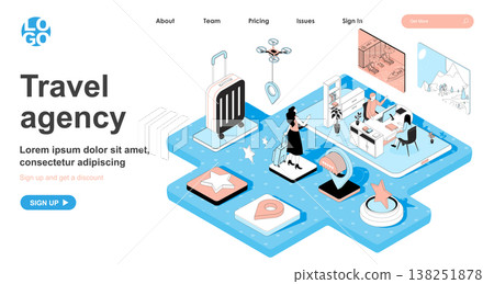 Travel agency isometric concept. Operator assists client in choosing tour, booking and purchasing tickets service, line flat isometry web banner. Vector illustration in 3d design for landing page 138251878