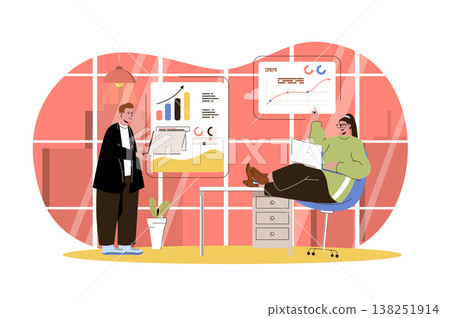 Big data analysis web character concept. Marketing team analyzes data, financial statistics, business analytics in office, isolated scene with person. Vector illustration with people in flat design 138251914