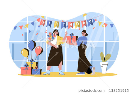 Birthday web character concept. Woman giving gift and bouquet to her friend celebrating holiday at festive party with decor, isolated scene with person. Vector illustration with people in flat design 138251915