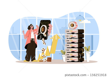 Cryptocurrency mining web character concept. Woman makes digital money on farm, buys or sells bitcoins, crypto business isolated scene with person. Vector illustration with people in flat design Cryptocurrency mining web character concept. Woman makes digital money on farm, buys or sells bitcoins, crypto business isolated scene with person. Vector illustration with people in flat design 138251918