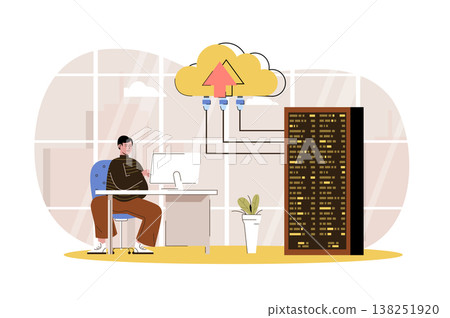 Data center web character concept. Engineer support and maintains server racks room. Cloud computing and storage service isolated scene with person. Vector illustration with people in flat design Data center web character concept. Engineer support and maintains server racks room. Cloud computing and storage service isolated scene with person. Vector illustration with people in flat design 138251920