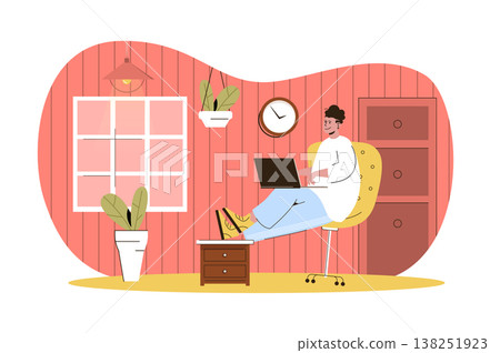 Freelance work web character concept. Freelancer works on laptop sitting on chair. Remote worker working at home office isolated scene with persons. Vector illustration with people in flat design Freelance work web character concept. Freelancer works on laptop sitting on chair. Remote worker working at home office isolated scene with persons. Vector illustration with people in flat design 138251923
