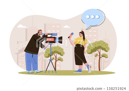 Journalism web character concept. Journalist tells news, operator recording her. Mass media, television news programs isolated scene with persons. Vector illustration with people in flat design 138251924