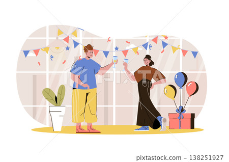 Home party web character concept. Man and woman celebrate holiday, drinking, have fun at festive event in room with decor isolated scene with persons. Vector illustration with people in flat design Home party web character concept. Man and woman celebrate holiday, drinking, have fun at festive event in room with decor isolated scene with persons. Vector illustration with people in flat design 138251927