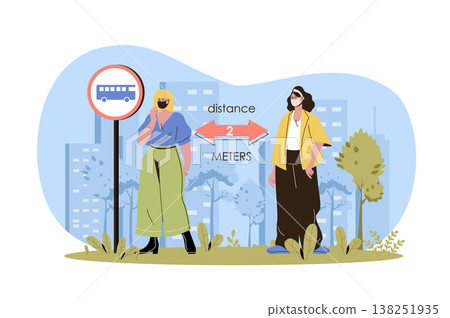Social distance web character concept. Women in medical masks keep distance standing at bus station, coronavirus prevention isolated scene with persons. Vector illustration with people in flat design 138251935