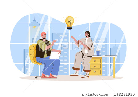 Teamwork web character concept. Employees brainstorming, create ideas, discussing work tasks, successfully collaborate isolated scene with persons. Vector illustration with people in flat design Teamwork web character concept. Employees brainstorming, create ideas, discussing work tasks, successfully collaborate isolated scene with persons. Vector illustration with people in flat design 138251939