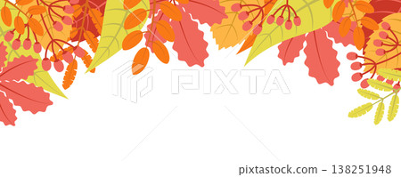 Autumn nature background with leafage pattern concept. Horizontal web banner with fall leaves, rowanberry and other berries elements. Autumnal border. Vector illustration in flat design for website 138251948
