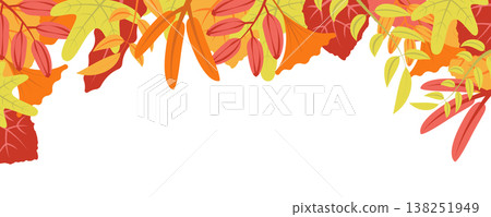 Autumn nature background with leafage pattern concept. Horizontal web banner with orange, red and yellow leaves. Autumnal colourful elements border. Vector illustration in flat design for website 138251949