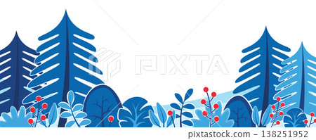 Winter nature background with landscape pattern concept. Horizontal web banner with fir and pine trees, bushes, plants with berries. Colourful border. Vector illustration in flat design for website Winter nature background with landscape pattern concept. Horizontal web banner with fir and pine trees, bushes, plants with berries. Colourful border. Vector illustration in flat design for website 138251952