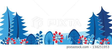 Winter nature background with landscape pattern concept. Horizontal web banner with fir trees, bushes with red berries. Seasonal elements border. Vector illustration in flat design for website Winter nature background with landscape pattern concept. Horizontal web banner with fir trees, bushes with red berries. Seasonal elements border. Vector illustration in flat design for website 138251953
