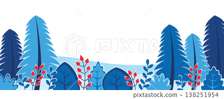 Winter nature background with landscape pattern concept. Horizontal border web banner with snowy wood with pine trees, bushes, plants with red berries. Vector illustration in flat design for website 138251954
