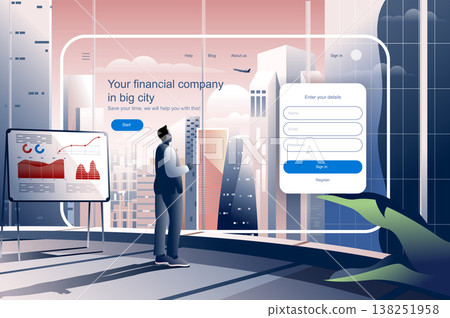 Financial company in big city concept. Business analyst services website layout. Accounting, data analysis, consulting, growth and development. Vector illustration in flat design for landing page Financial company in big city concept. Business analyst services website layout. Accounting, data analysis, consulting, growth and development. Vector illustration in flat design for landing page 138251958