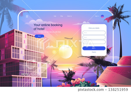 Online booking of hotel concept. Room and apartment reservation service website layout. International tourism and travel, go on vacation. Vector illustration in flat design for landing page Online booking of hotel concept. Room and apartment reservation service website layout. International tourism and travel, go on vacation. Vector illustration in flat design for landing page 138251959