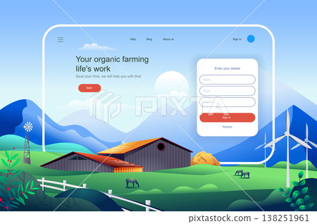 Organic farming lifes work concept. Agricultural business website layout. Eco friendly modern technologies in crop and livestock production. Vector illustration in flat design for landing page Organic farming lifes work concept. Agricultural business website layout. Eco friendly modern technologies in crop and livestock production. Vector illustration in flat design for landing page 138251961