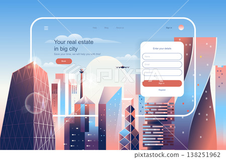 Real estate in big city concept. Real estate agency website layout. Construction, purchase and sale of apartments in skyscrapers buildings. Vector illustration in flat design for landing page 138251962