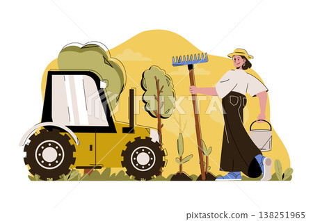Advanced farming concept. Woman works on farm situation. Harvesting, smart gardening, agricultural technology people scene. Vector illustration with flat character design for website and mobile site Advanced farming concept. Woman works on farm situation. Harvesting, smart gardening, agricultural technology people scene. Vector illustration with flat character design for website and mobile site 138251965