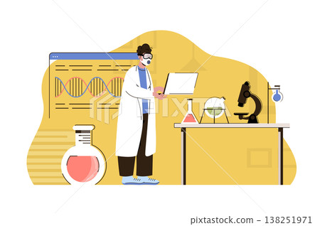 Biological discoveries concept. Scientist is engaged in research in laboratory situation. Microbiological tests people scene. Vector illustration with flat character design for website and mobile site 138251971