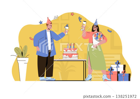 Birthday party concept. Man congratulates woman, gives her flowers bouquet situation. Festive event with cake people scene. Vector illustration with flat character design for website and mobile site 138251972