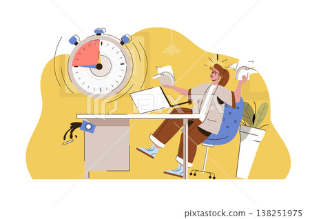 Burning deadline concept. Angry employee does not complete work task situation. Work stress, time management people scene. Vector illustration with flat character design for website and mobile site Burning deadline concept. Angry employee does not complete work task situation. Work stress, time management people scene. Vector illustration with flat character design for website and mobile site 138251975