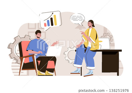 Business discussion concept. Employees in office discussing work tasks situation. Brainstorming and teamwork people scene. Vector illustration with flat character design for website and mobile site Business discussion concept. Employees in office discussing work tasks situation. Brainstorming and teamwork people scene. Vector illustration with flat character design for website and mobile site 138251976
