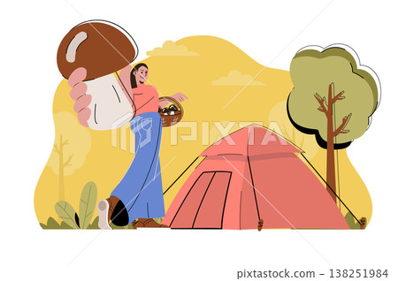 Camping holiday concept. Woman resting with tent in forest, picking mushrooms situation. Outdoor activities people scene. Vector illustration with flat character design for website and mobile site 138251984
