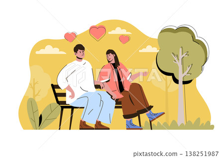 Caring for each other concept. Happy loving couple talks sitting on bench in park situation. Relationship people scene. Vector illustration with flat character design for website and mobile site 138251987