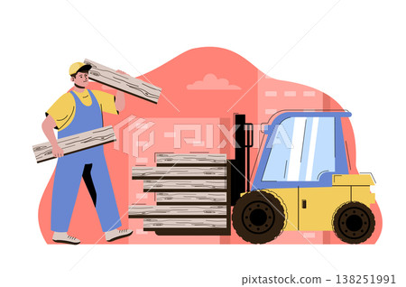 City building concept. Man works on construction, loading boards on forklift situation. Real estate business people scene. Vector illustration with flat character design for website and mobile site City building concept. Man works on construction, loading boards on forklift situation. Real estate business people scene. Vector illustration with flat character design for website and mobile site 138251991