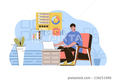 Work from home concept. Employee works online, freelance at home office situation. Comfortable remote workplace people scene. Vector illustration with flat character design for website and mobile site Work from home concept. Employee works online, freelance at home office situation. Comfortable remote workplace people scene. Vector illustration with flat character design for website and mobile site 138251998