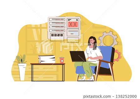 Work in better place concept. Woman working on laptop from home office situation. Comfortable remote workplace people scene. Vector illustration with flat character design for website and mobile site Work in better place concept. Woman working on laptop from home office situation. Comfortable remote workplace people scene. Vector illustration with flat character design for website and mobile site 138252000
