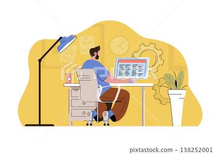 Work optimization concept. Man creates schedule, planning processes and tasks situation. Time management people scene. Vector illustration with flat character design for website and mobile site Work optimization concept. Man creates schedule, planning processes and tasks situation. Time management people scene. Vector illustration with flat character design for website and mobile site 138252001
