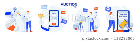 Auction concept set. Selling painting, buyers place bids, buying in online auction. People isolated scenes in flat design. Vector illustration for blogging, website, mobile app, promotional materials. 138252003