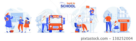 Back to school concept set. Pupils study in lessons at class, e-learning at home. People isolated scenes in flat design. Vector illustration for blogging, website, mobile app, promotional materials. 138252004