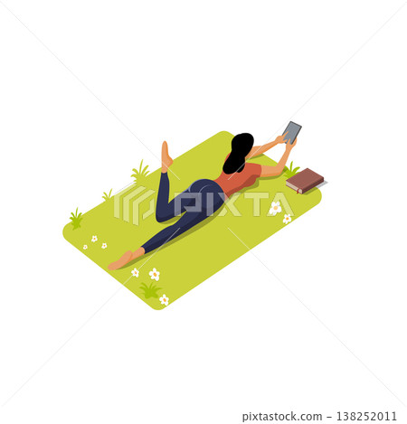 Woman lying on the grass and reading a book. Isometric vector illustration. Woman lying on the grass and reading a book. Isometric vector illustration. 138252011