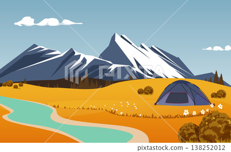 Illustration of a camping site in the mountains with a tent. Illustration of a camping site in the mountains with a tent. 138252012