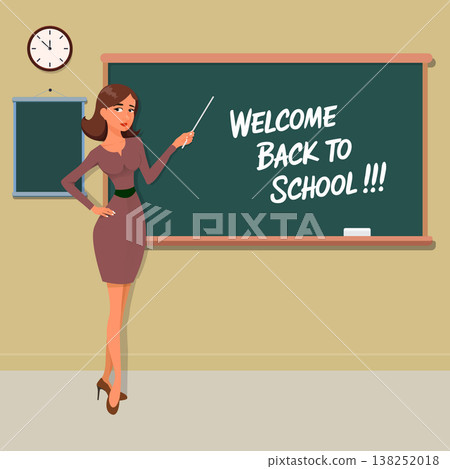 Young Female Teacher In Front Of Blackboard,Female teacher with chalkboard with notebooks and stick. Back to school concept, teacher's day. Vector illustration 138252018