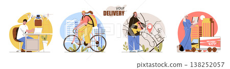 Delivery concept scenes set. Courier delivers purchase home, drone flies with package, tracking on map, logistics. Collection of people activities. Vector illustration of characters in flat design Delivery concept scenes set. Courier delivers purchase home, drone flies with package, tracking on map, logistics. Collection of people activities. Vector illustration of characters in flat design 138252057