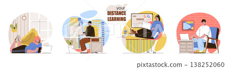 Distance learning concept scenes set. Students studying on laptops, homeschooling, online education, e-learning. Collection of people activities. Vector illustration of characters in flat design Distance learning concept scenes set. Students studying on laptops, homeschooling, online education, e-learning. Collection of people activities. Vector illustration of characters in flat design 138252060