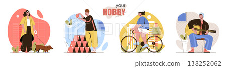 Hobby concept scenes set. Women walking dog or ride bike. Men building house of cards or learn to playing guitar. Collection of people activities. Vector illustration of characters in flat design 138252062