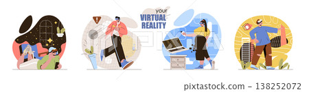 Virtual reality concept scenes set. Men and women wearing VR glasses play video games, explore planets, excursions. Collection of people activities. Vector illustration of characters in flat design Virtual reality concept scenes set. Men and women wearing VR glasses play video games, explore planets, excursions. Collection of people activities. Vector illustration of characters in flat design 138252072