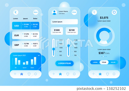 Finance neumorphic elements kit for mobile app. Online banking, currencies, statistics graphs, money in account. UI, UX, GUI screens set. Vector illustration of templates in glassmorphic design Finance neumorphic elements kit for mobile app. Online banking, currencies, statistics graphs, money in account. UI, UX, GUI screens set. Vector illustration of templates in glassmorphic design 138252102