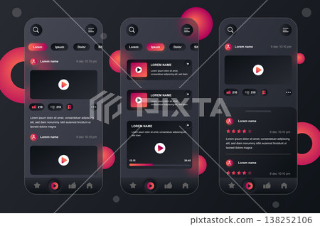Video tube neumorphic elements kit for mobile app. Video player, live streaming service, multimedia content, feedback. UI, UX, GUI screens set. Vector illustration of templates in glassmorphic design Video tube neumorphic elements kit for mobile app. Video player, live streaming service, multimedia content, feedback. UI, UX, GUI screens set. Vector illustration of templates in glassmorphic design 138252106
