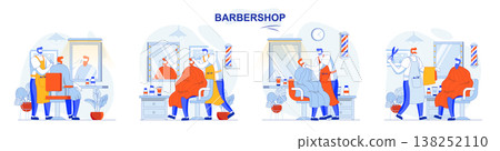 Barbershop concept set. Male haircut and shave, beard and hair care in salon. People isolated scenes in flat design. Vector illustration for blogging, website, mobile app, promotional materials. 138252110