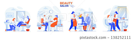 Beauty salon concept set. Hair coloring, professional make up, manicure, pedicure. People isolated scenes in flat design. Vector illustration for blogging, website, mobile app, promotional materials. Beauty salon concept set. Hair coloring, professional make up, manicure, pedicure. People isolated scenes in flat design. Vector illustration for blogging, website, mobile app, promotional materials. 138252111