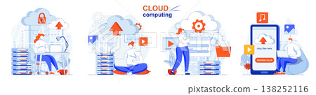 Cloud computing concept set. Cloud service server for storing and processing data. People isolated scenes in flat design. Vector illustration for blogging, website, mobile app, promotional materials. 138252116